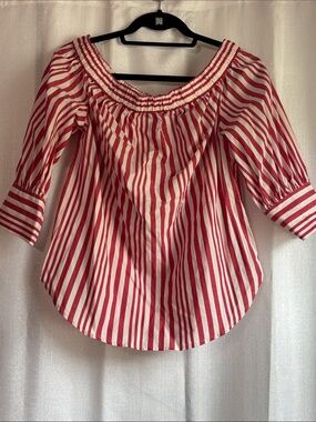 Who What Wear Red and White Striped Off-the-Shoulder Peasant Top with button sle